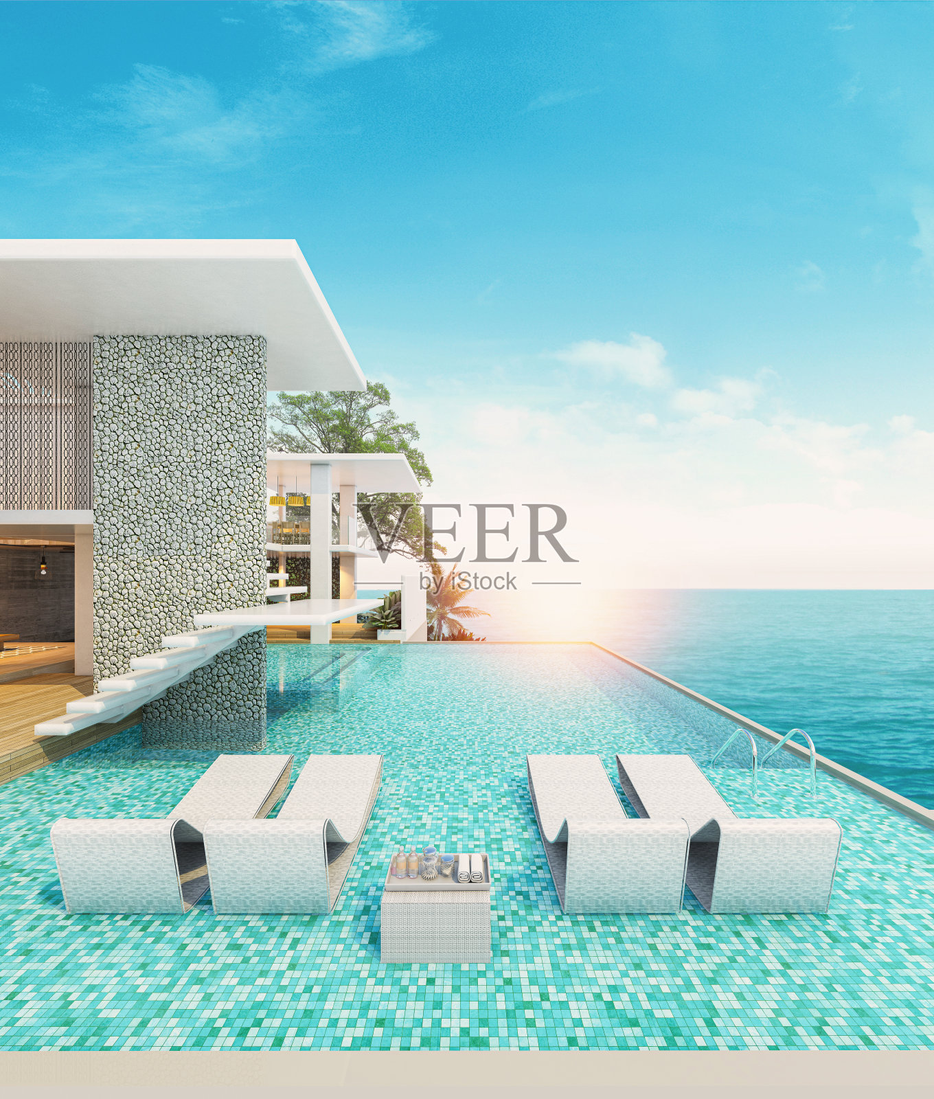 带游泳池的现代住宅，海景照片摄影图片