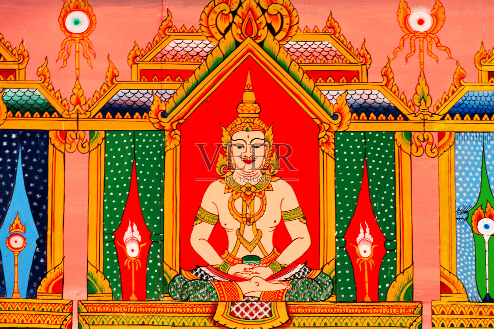 泰国乡村寺庙墙壁上的绘画。插画图片素材