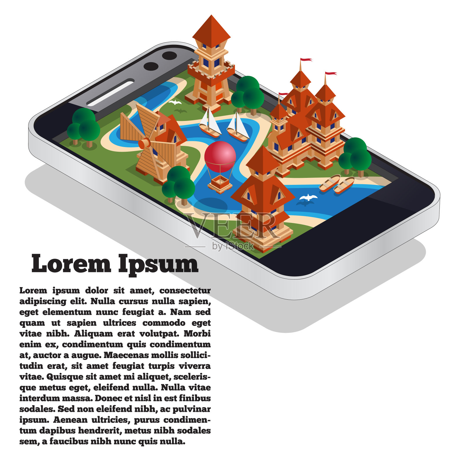 中世纪景观与河流的形式的移动应用程序。插画图片素材