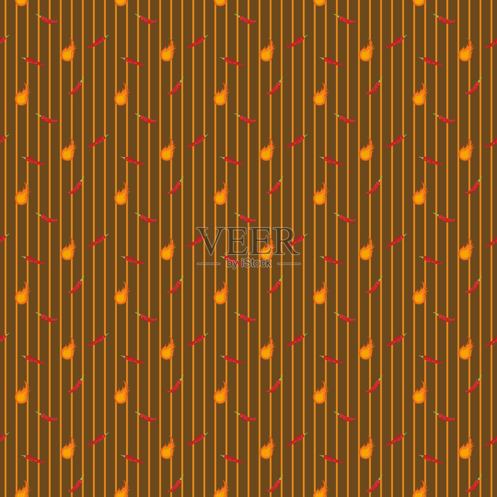 无缝的背景图案辣椒和火焰上的棕色和橙色条纹。设计元素图片
