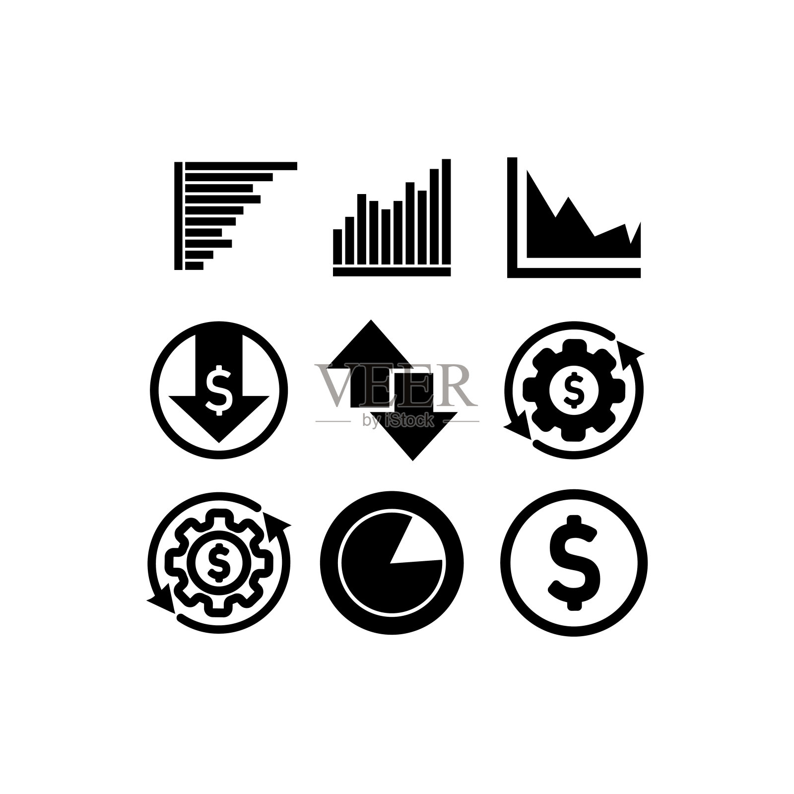 业务信息。钱，美元的象征。一组图表和图表。统计，象形图，数据集在孤立的白色背景上。每股收益10向量。图标素材