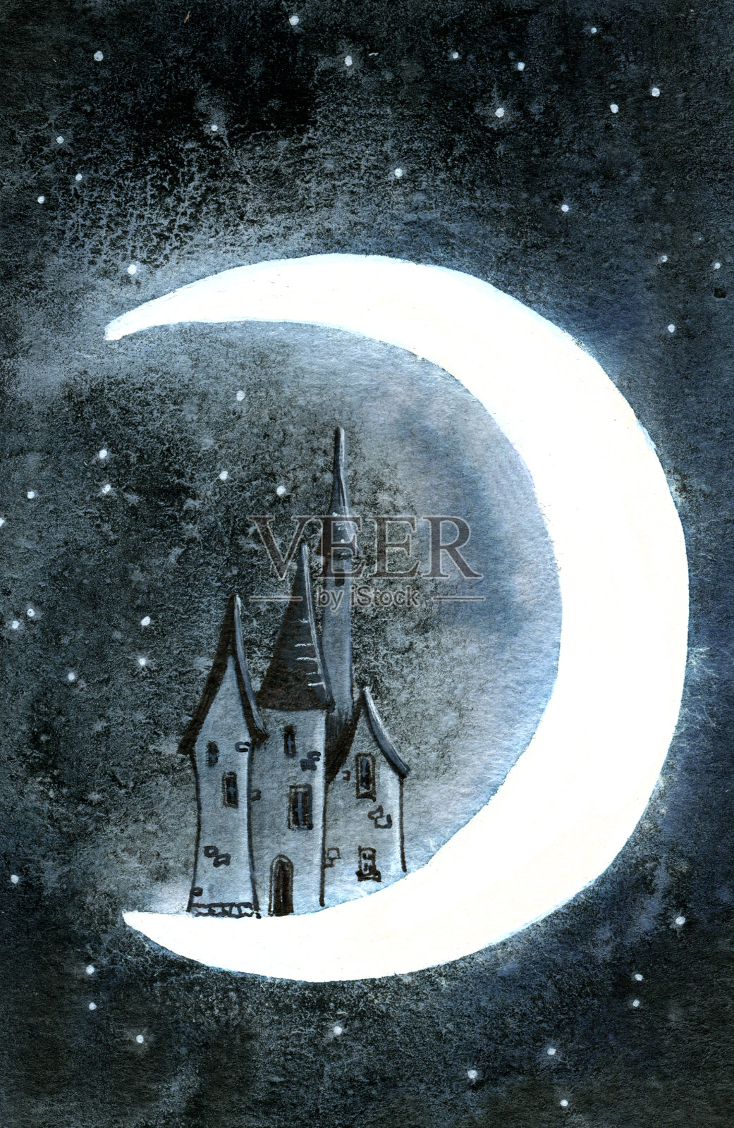 古老的维多利亚时代的房子在宇宙月球上。插画图片素材