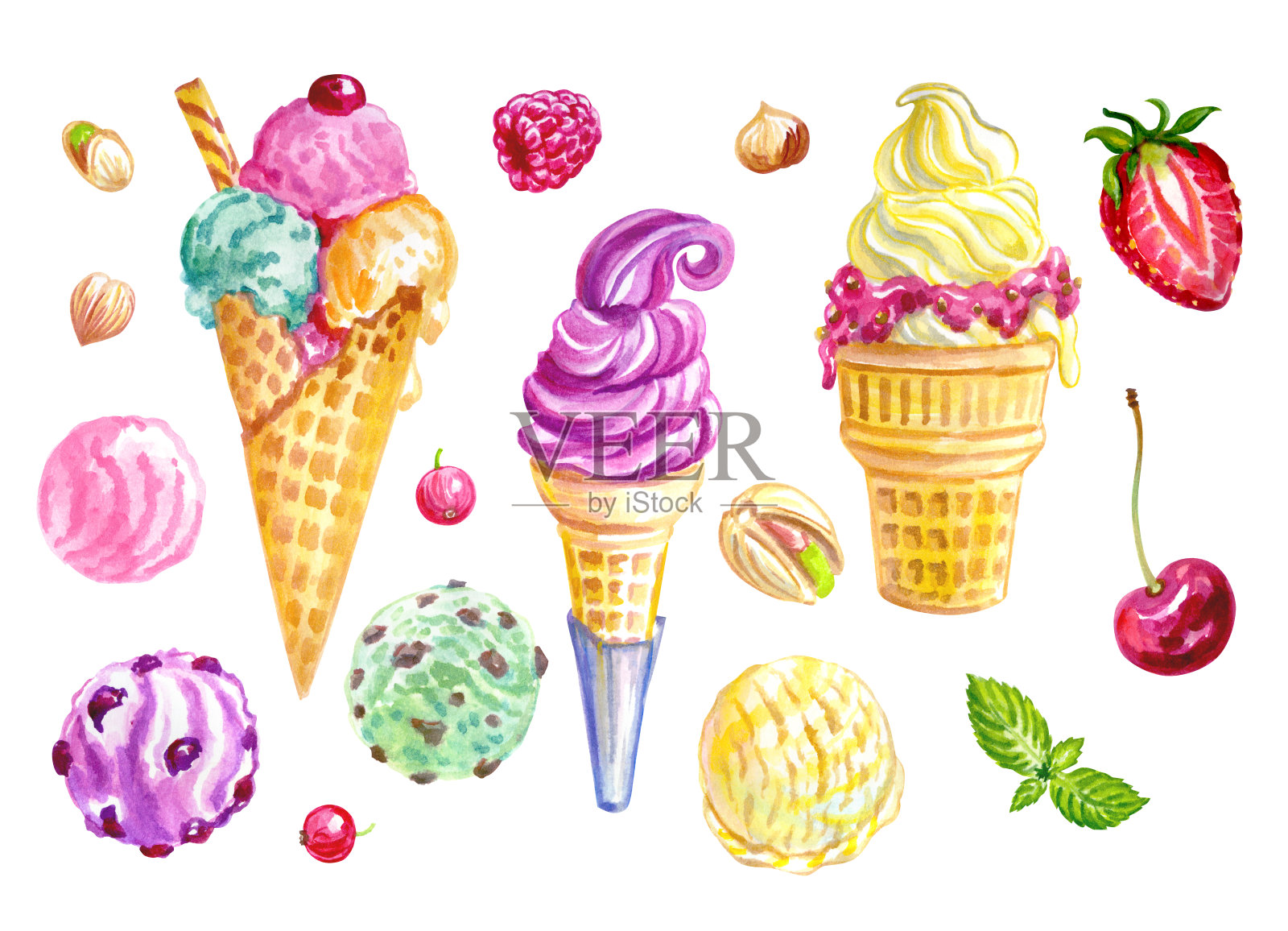 一套有角、浆果和坚果的冰淇淋设计元素图片