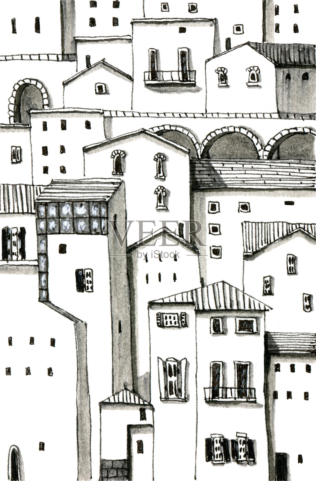 黑白城市景观插画图片素材