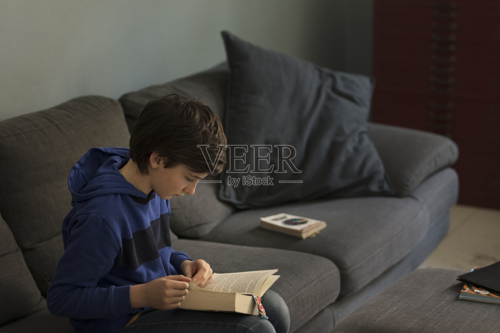放松的青少年独自坐在沙发上看书照片摄影图片