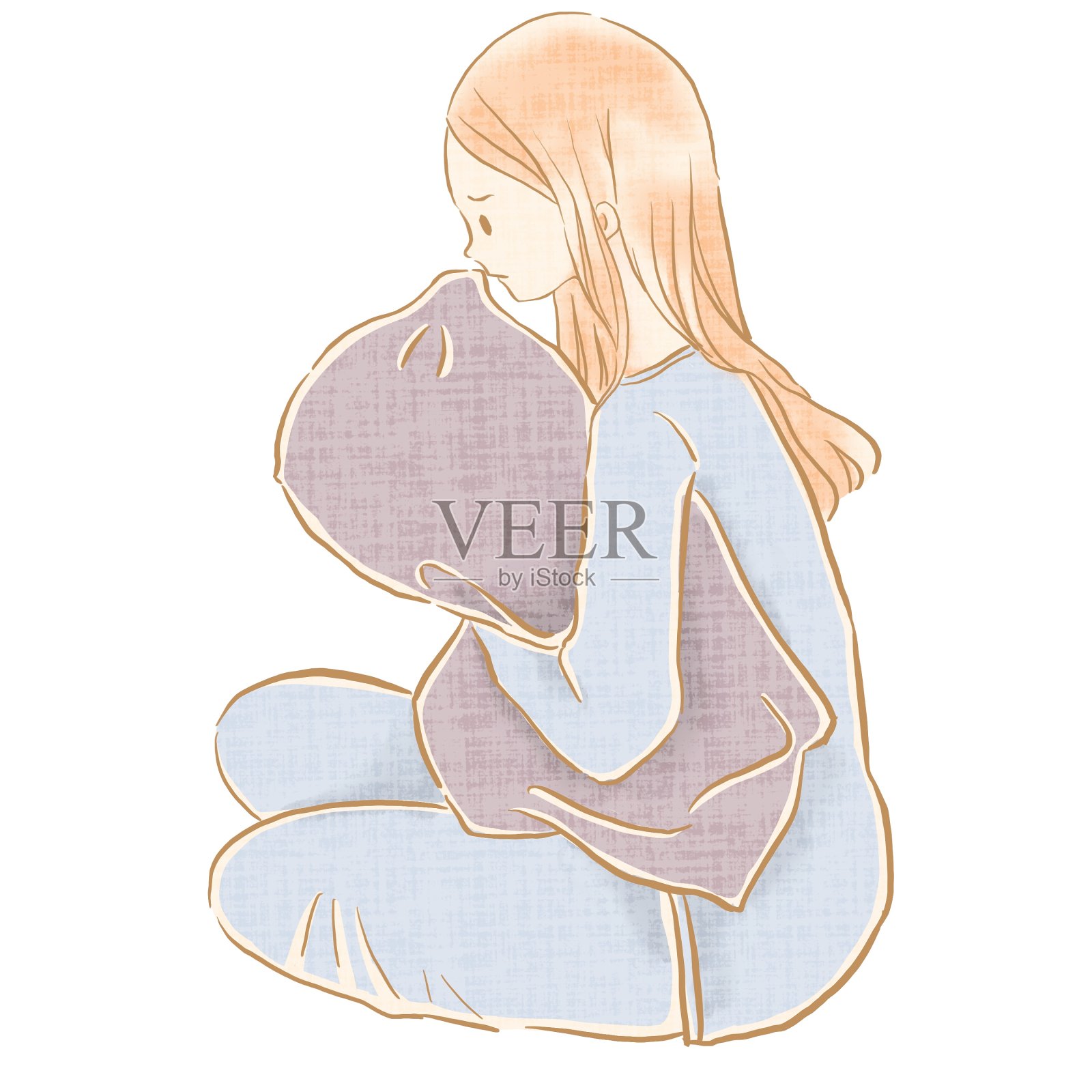 女人抱着靠垫认真思考插画图片素材