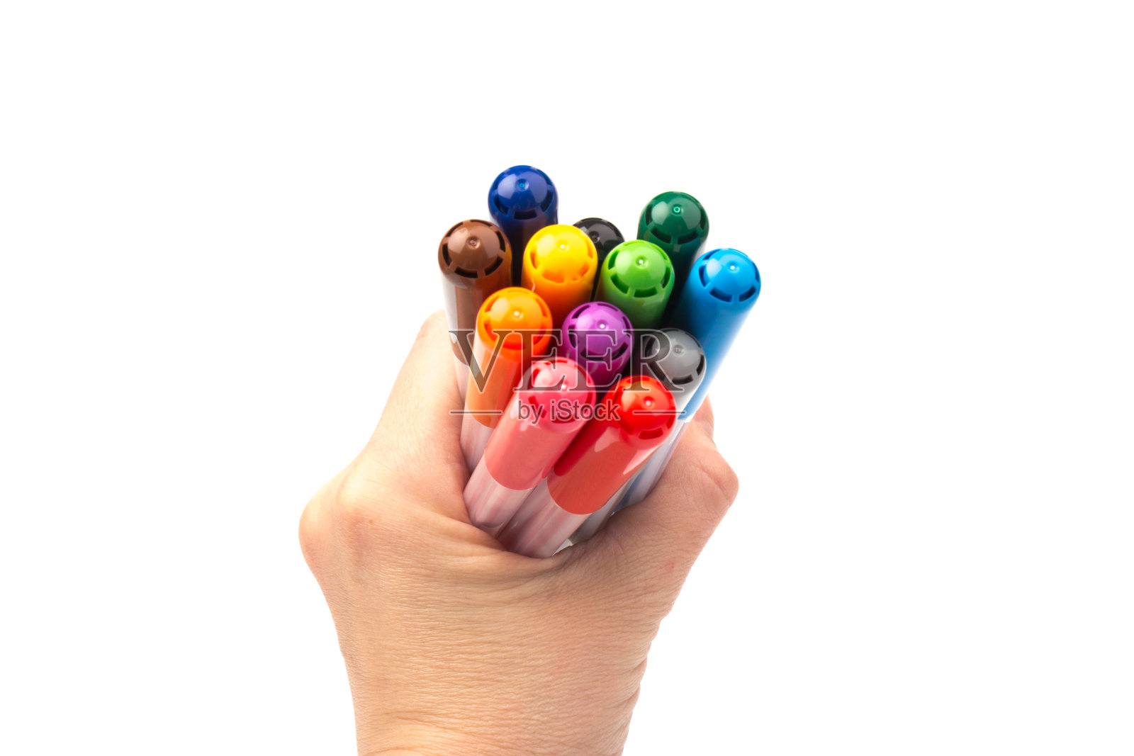 彩色标记笔设置在孤立的背景与剪切路径。生动的高亮和空白空间为您的设计或蒙太奇照片摄影图片