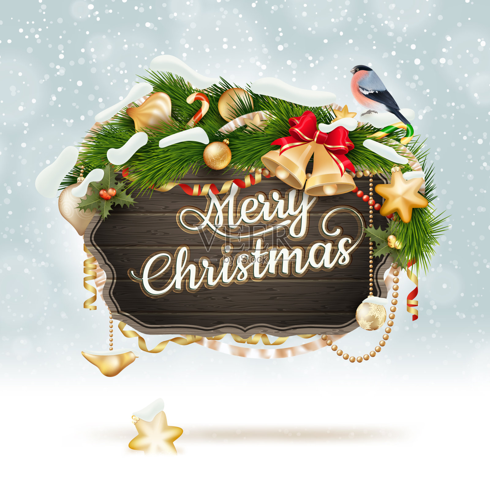 挂着圣诞皮草树枝的木制横幅。插画图片素材