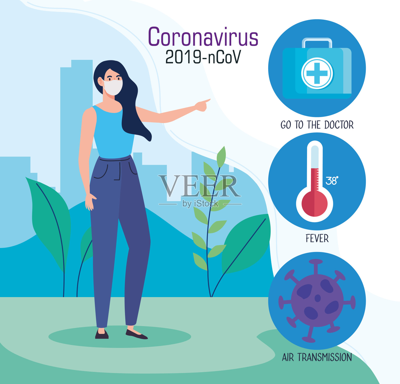 建议，妇女使用医用防护口罩对抗2019年新型冠状病毒插画图片素材