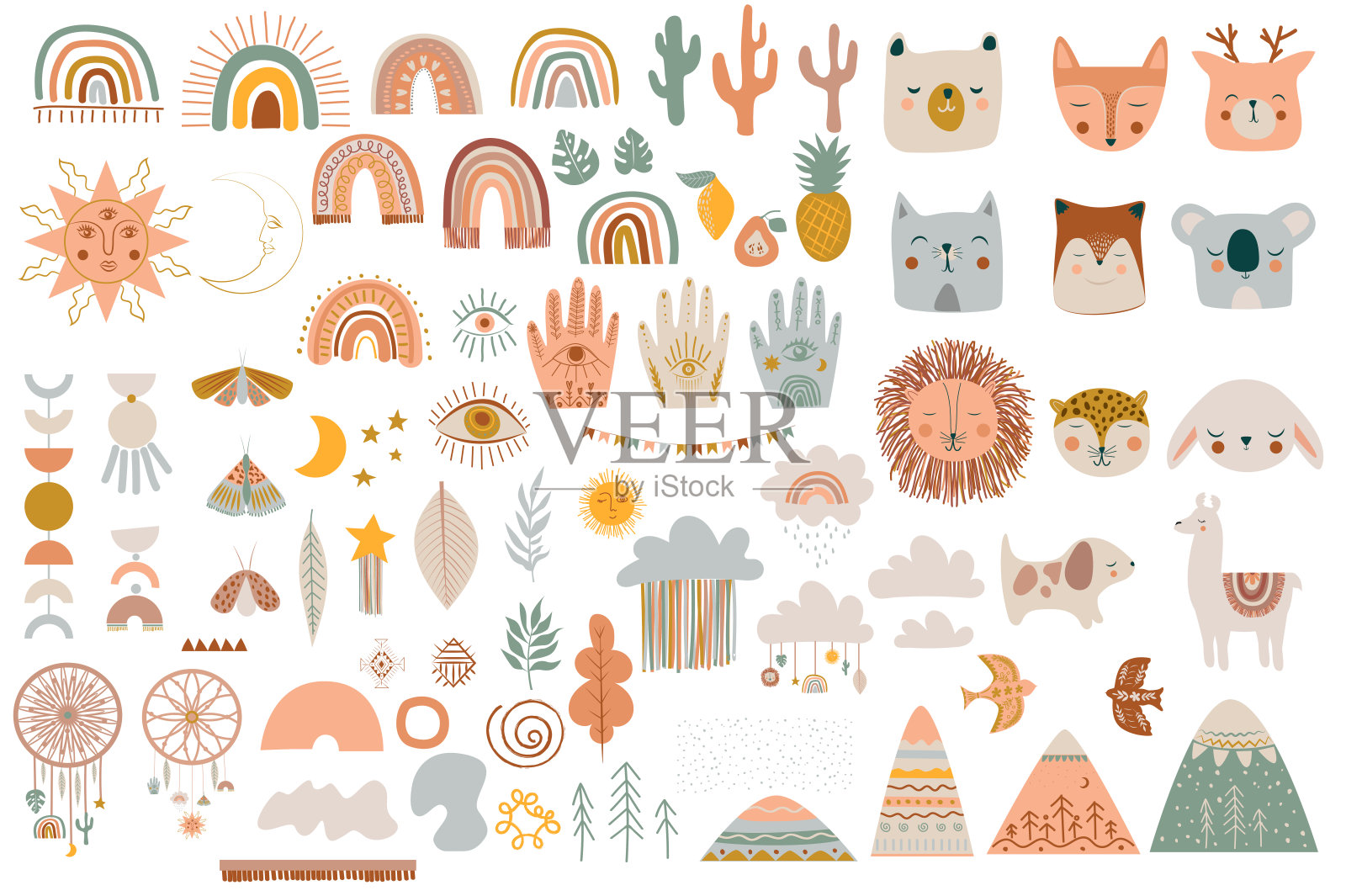 一套可爱的孩子波西米亚元素，手绘涂鸦和动物。插画图片素材