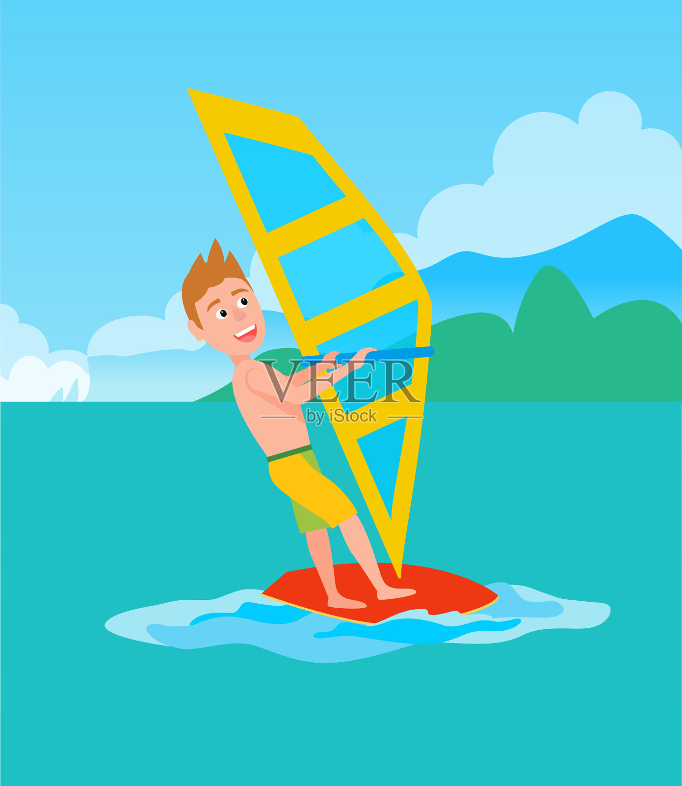 风帆冲浪夏季运动，矢量插图插画图片素材