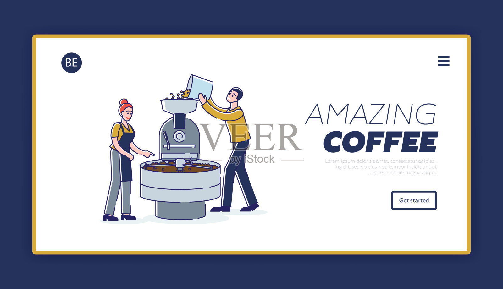 香气咖啡的准备:烘豆阶段。模板登陆页面设计插画图片素材