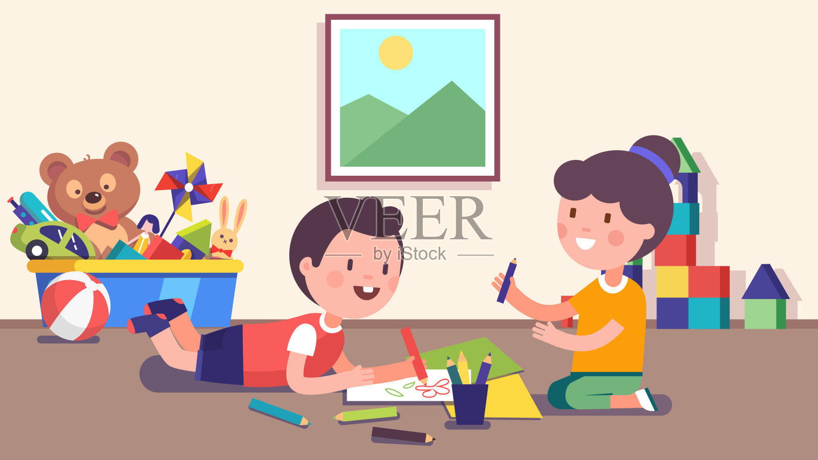 微笑的幼儿园女孩和男孩们躺在地板上和坐在一起涂鸦休闲。儿童日托卡通人物用彩色铅笔画图画。平面向量插图插画图片素材