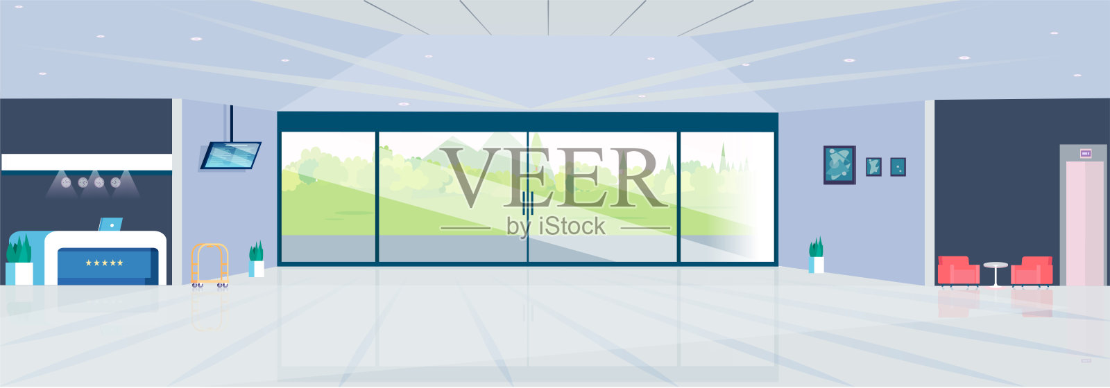 一个现代接待区大厅的当代酒店大厅向量插画图片素材