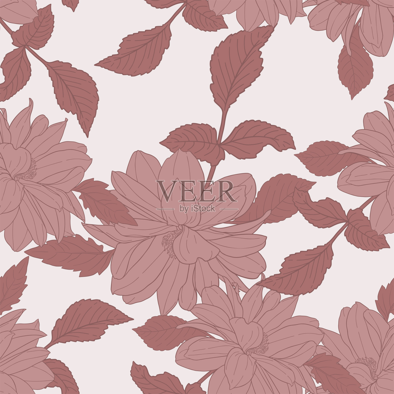 花卉无缝模式。植物开花，枝用花墨写生。大丽花。时尚印花用于名片，横幅，海报，包装，织物，笔记本，请帖插画图片素材