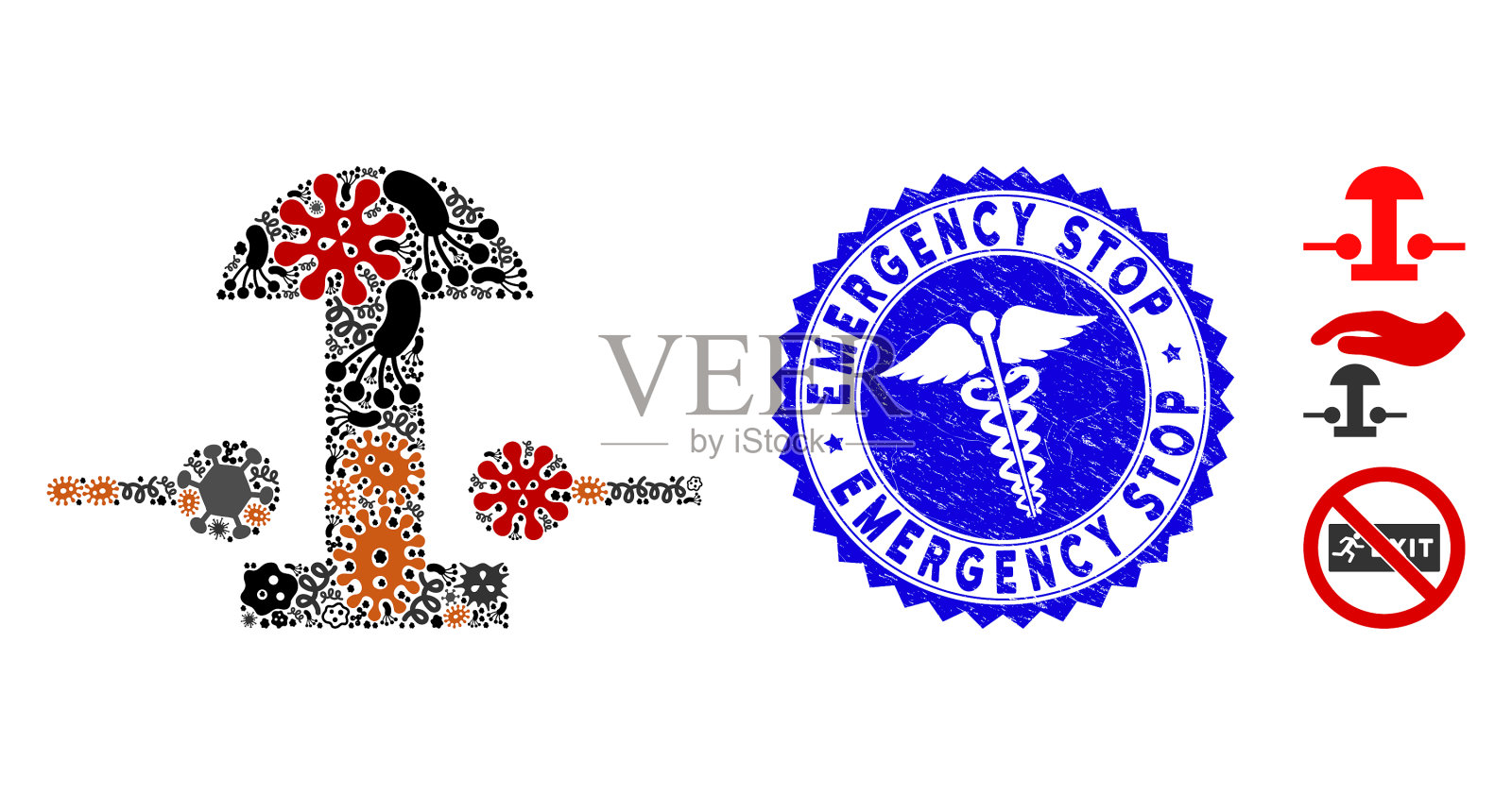病毒拼贴与紧急停止按钮图标插画图片素材