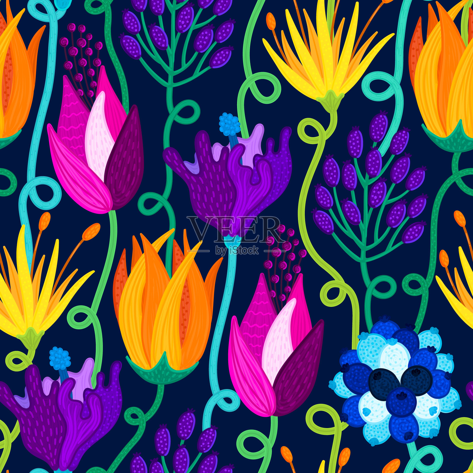 花卉无缝模式。手绘美丽的花朵。彩色的重复背景与花。有斑点的花瓣插画图片素材