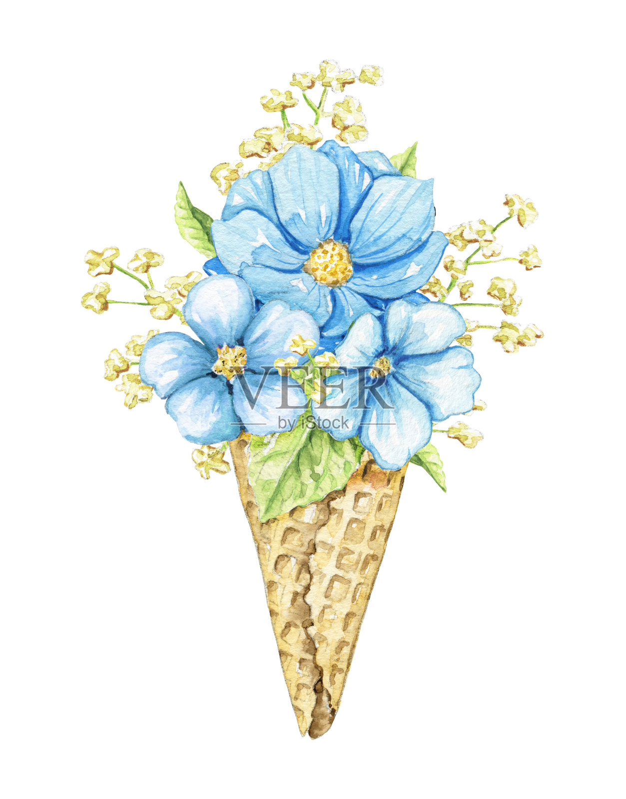 华夫蛋筒里的蓝色水彩花朵插画图片素材