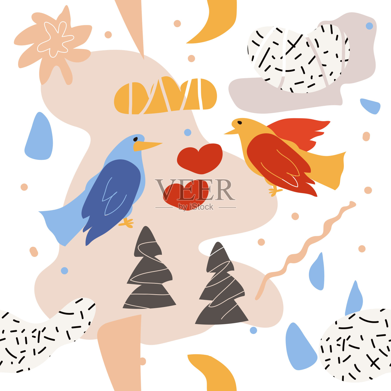 鲜艳多彩的图形花卉图案与鸟类在一个手绘风格。无缝模式与鸟类和数字插画图片素材