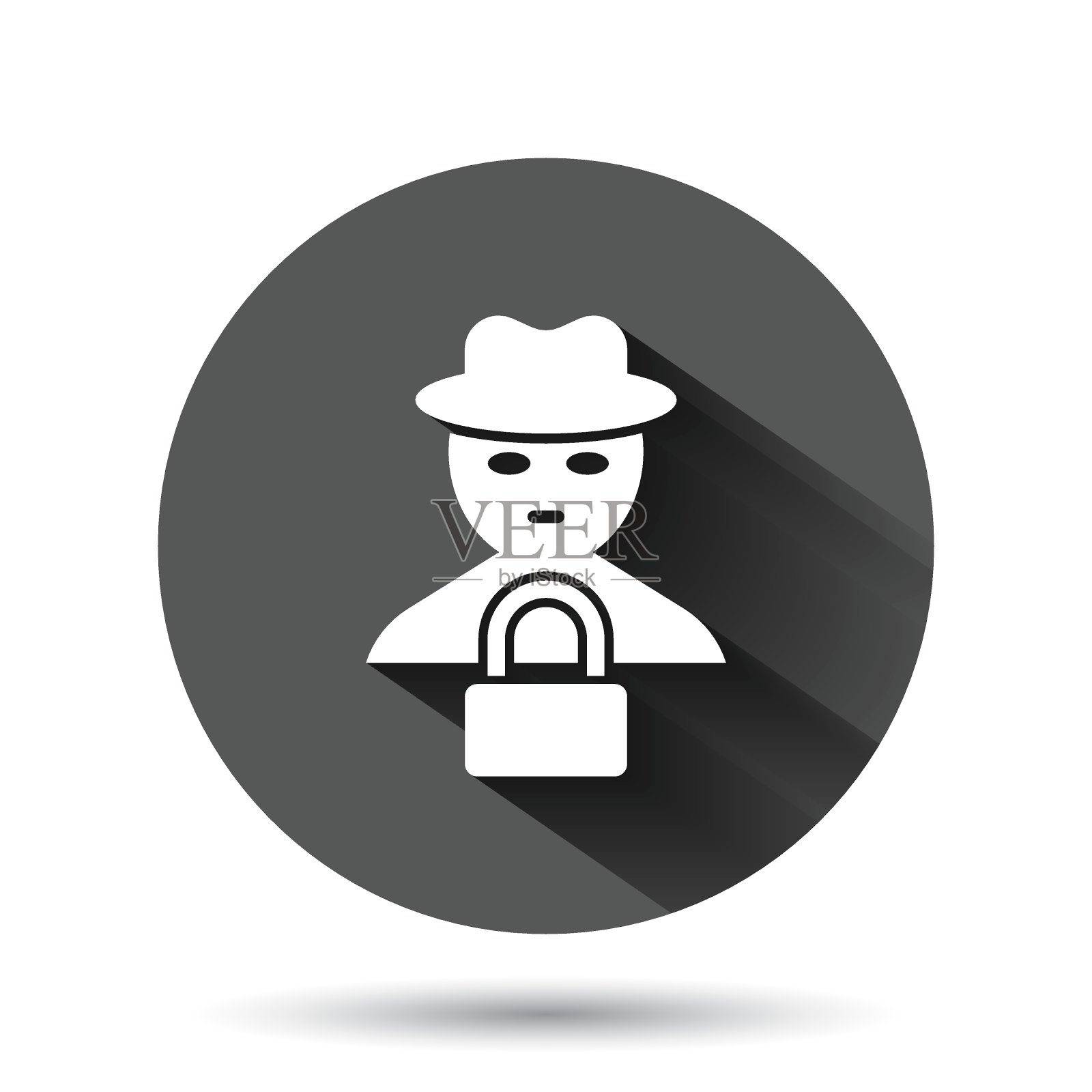 诈骗黑客图标在平面风格。间谍矢量插图上的黑色圆形背景与长阴影。Cyber defend圈钮经营理念。插画图片素材