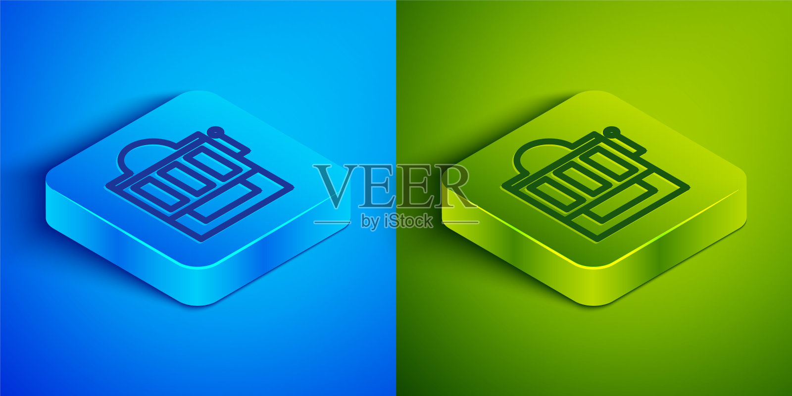 等距线老虎机图标隔离在蓝色和绿色背景。方形按钮。矢量图图标素材