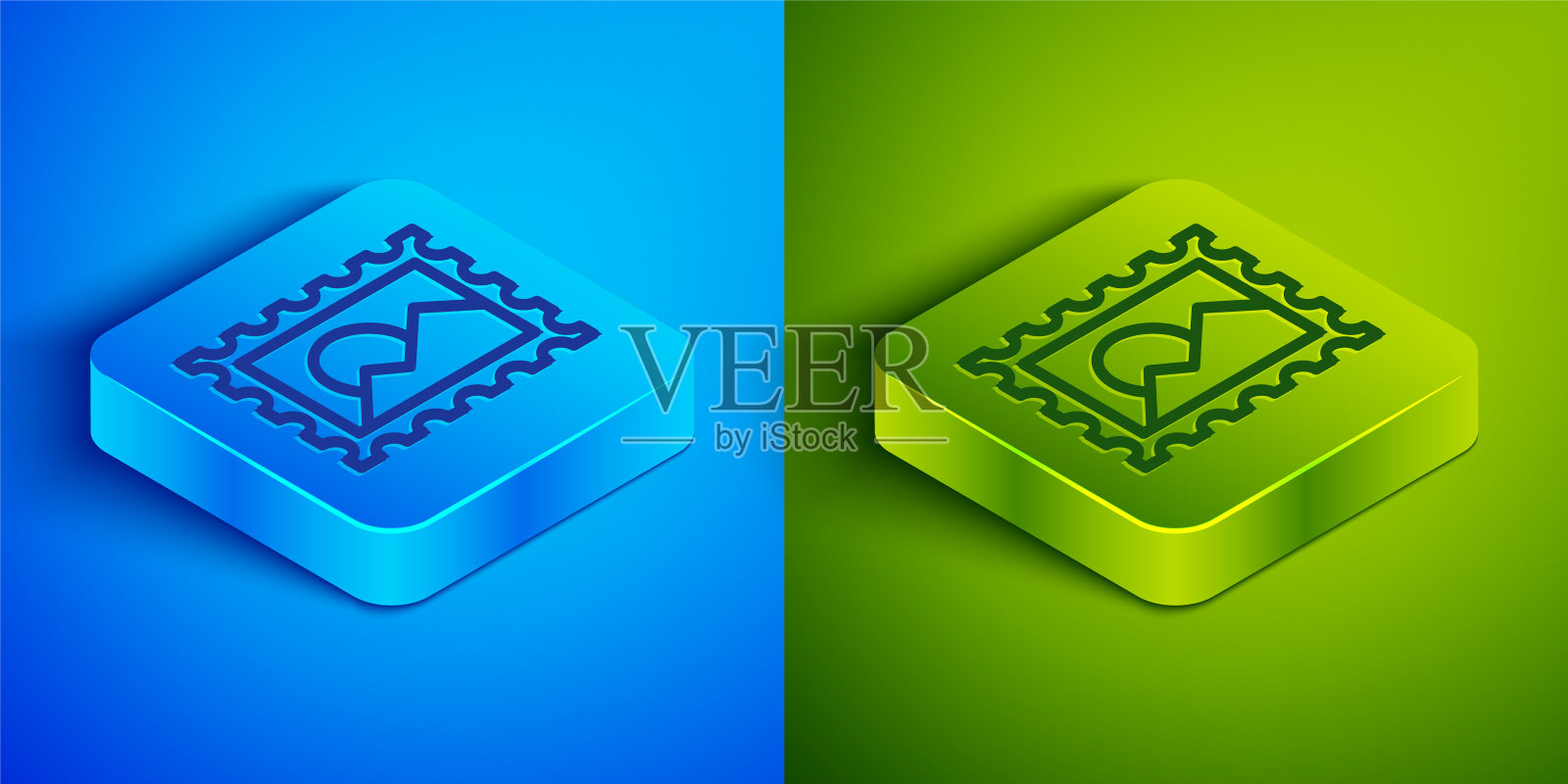 等距线邮票图标孤立在蓝色和绿色背景上。方形按钮。矢量图图标素材