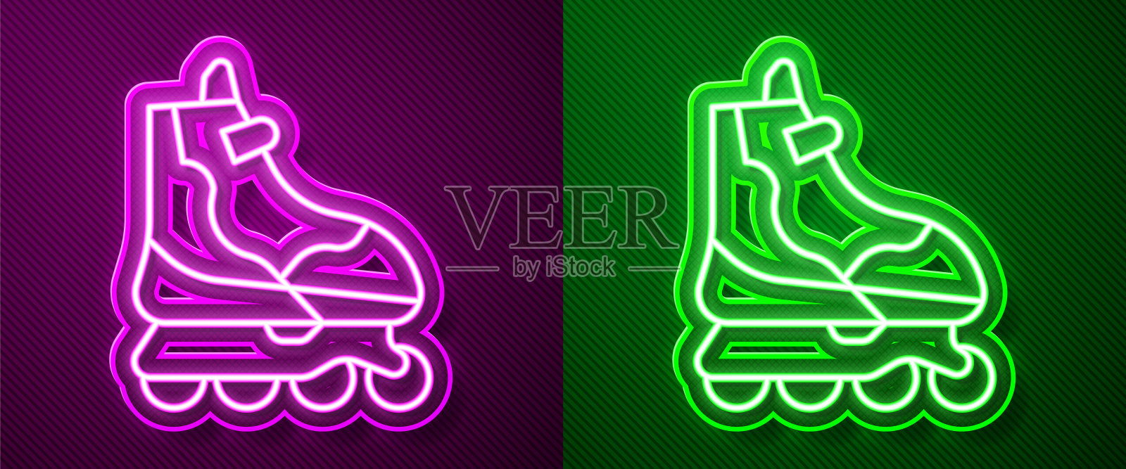 发光的霓虹灯线轮滑图标孤立在紫色和绿色的背景。矢量图插画图片素材