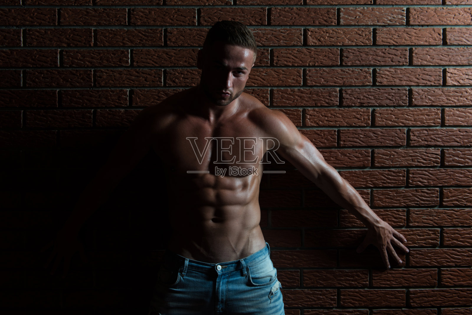 坚强地站在砖墙上照片摄影图片