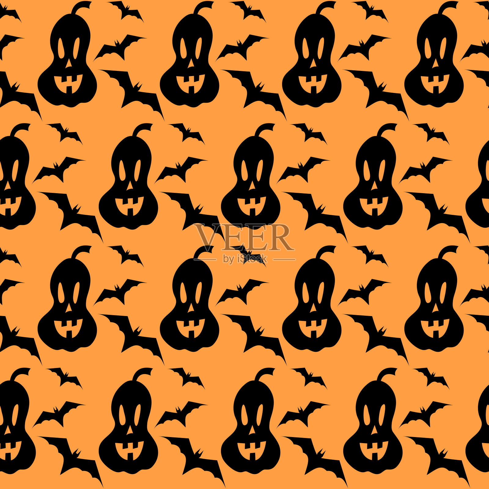 南瓜杰克灯笼和蝙蝠矢量无缝图案。黑色轮廓无缝纹理。令人毛骨悚然的万圣节。纺织品、包装纸、墙纸设计、包装。橙色和黑色。插图插画图片素材
