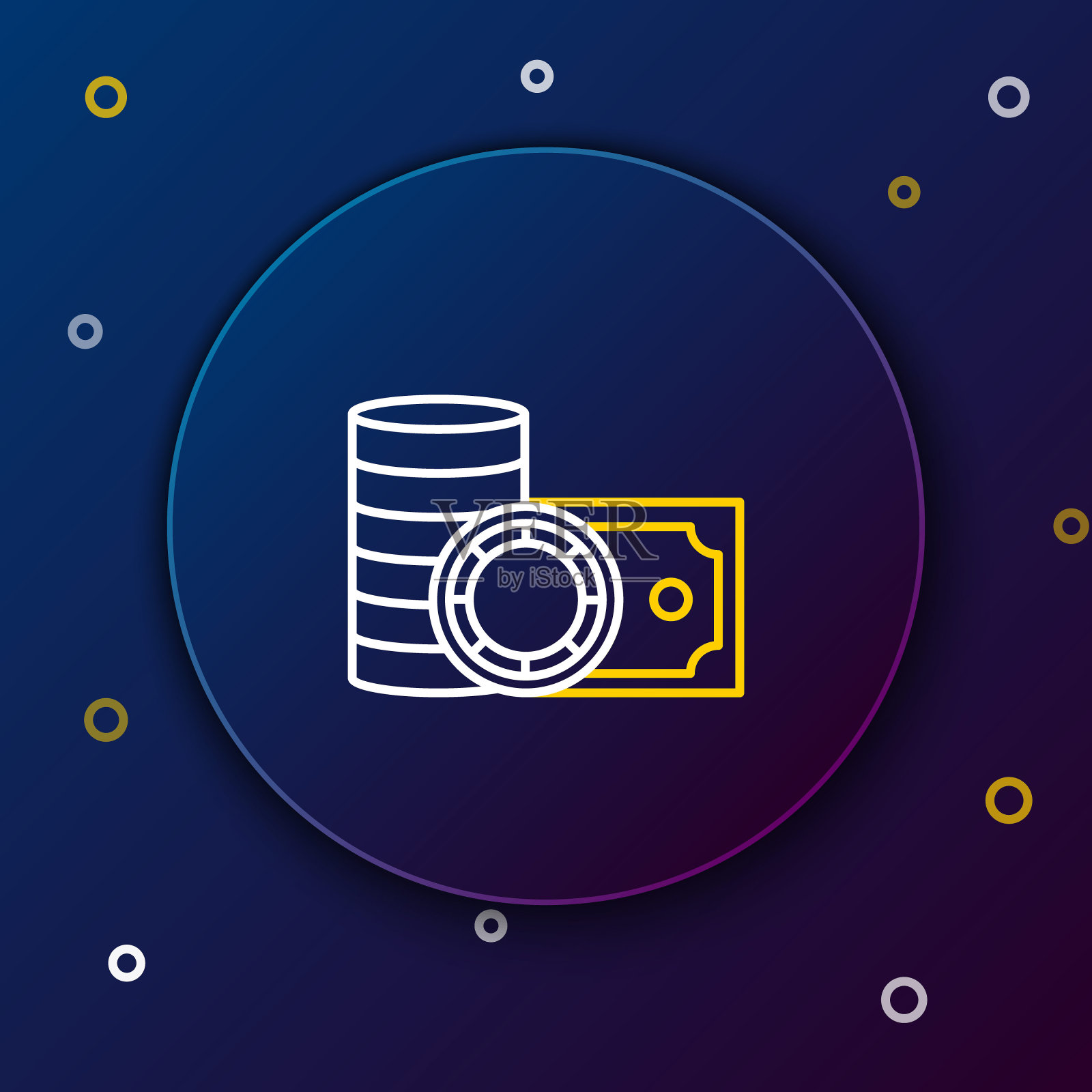 Line赌场筹码和堆叠纸币现金图标孤立在蓝色背景。赌场赌博。色彩斑斓的轮廓的概念。向量插画图片素材