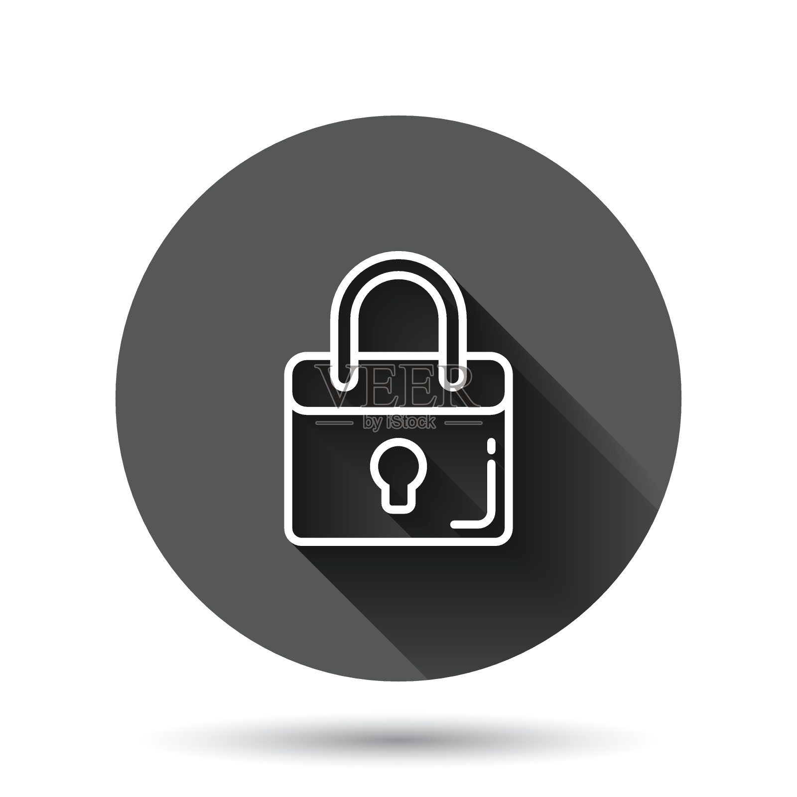 储物柜图标在平坦的风格。挂锁密码矢量插图上的黑色圆形背景与长阴影效果。圆键开锁的经营理念。插画图片素材