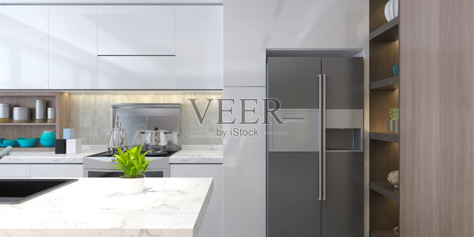 3d渲染家庭室内厨房和餐厅空间照片摄影图片