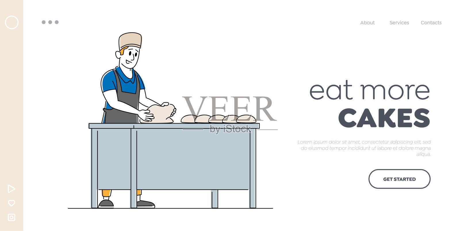 面包店工厂和食品生产登陆页面模板。面包师在烤面包的桌上揉面。现代糖果或烘焙制造工人。线性向量插图设计模板素材