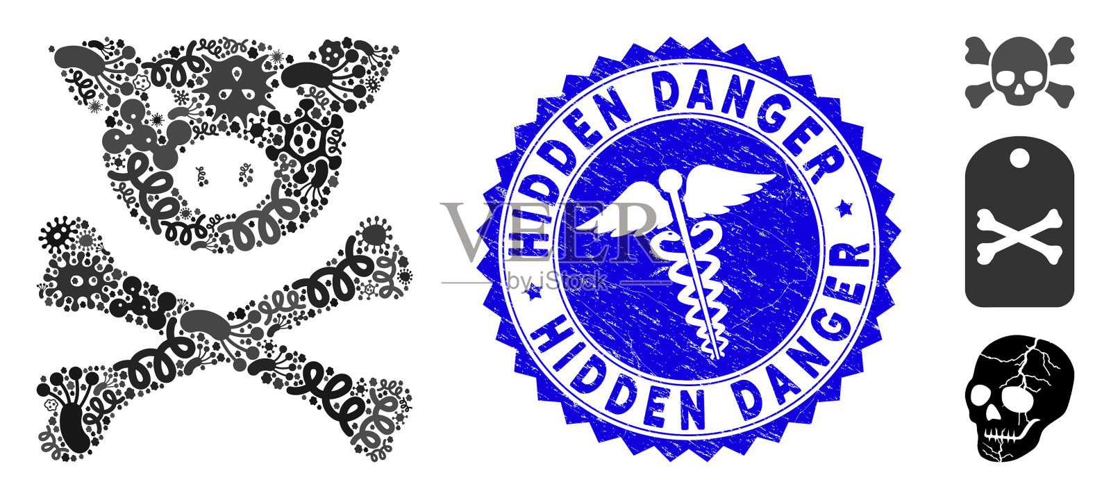 传染性拼贴猪死亡图标与杖状花序插画图片素材