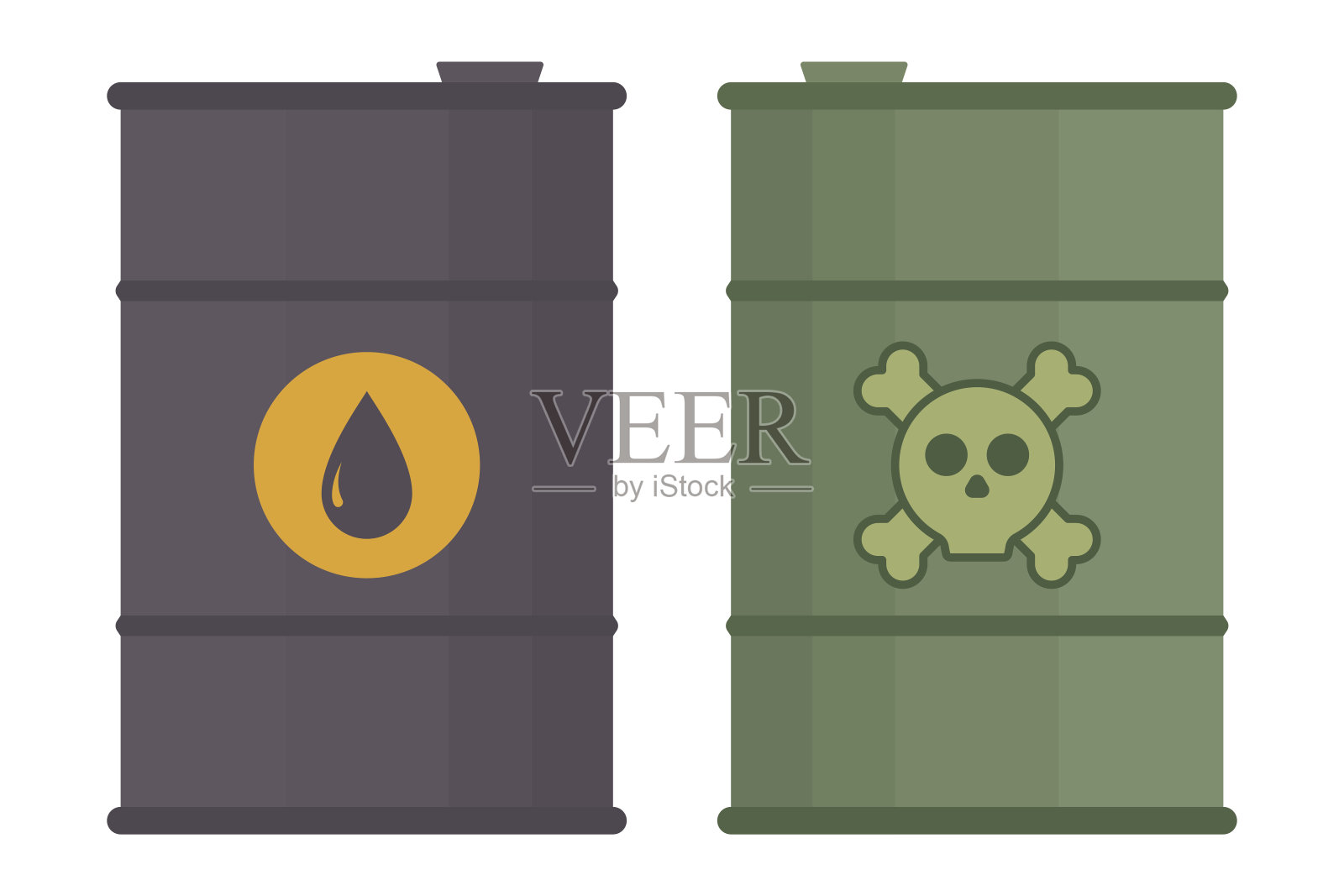 矢量平面风格的钢桶油滴和头骨和骨头图标。交叉腿骨的图形符号。容器内的危险工业废物。辐射和毒性。用于信息图形的危险符号插画图片素材