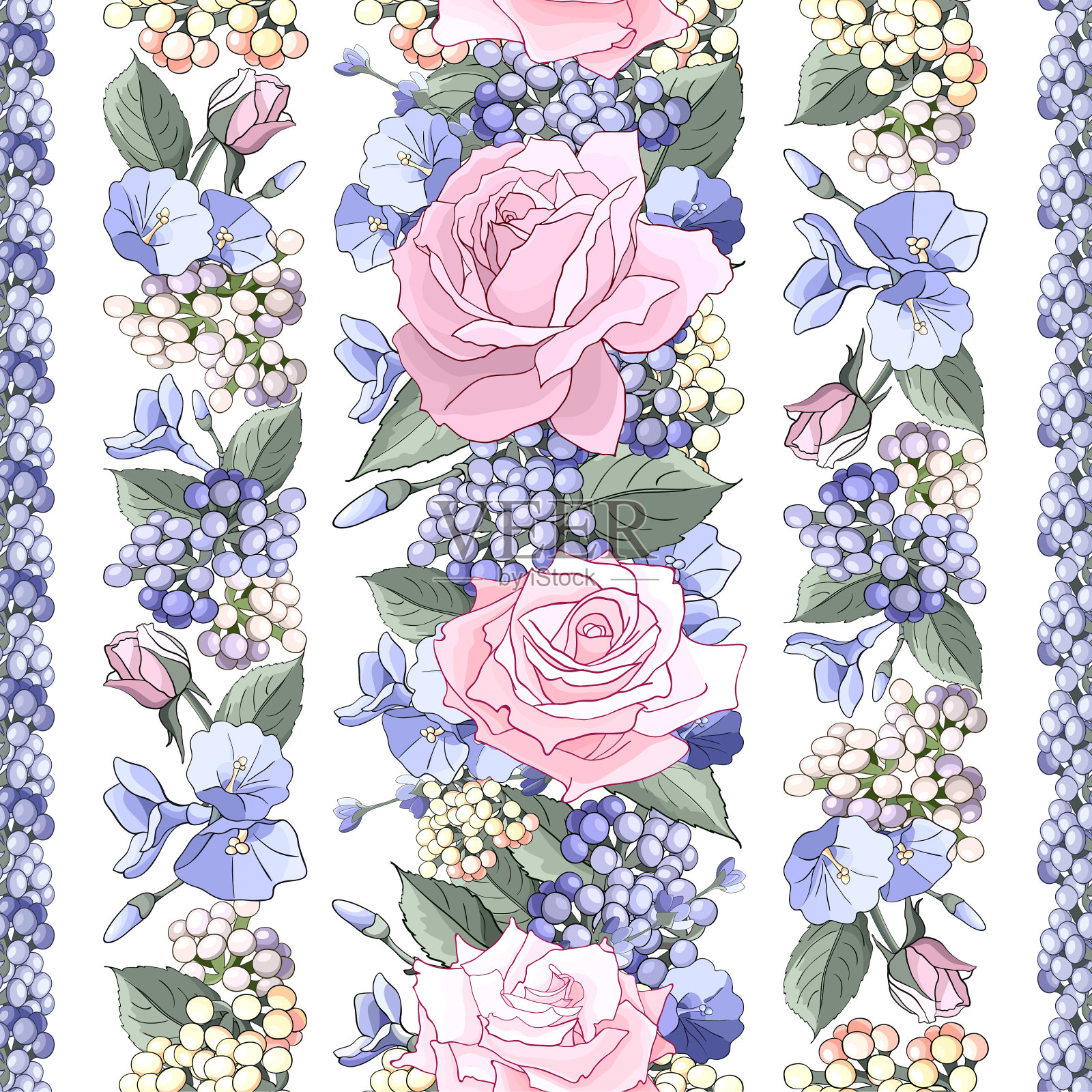 无缝图案与玫瑰。花，叶在白色的背景上。抽象的花卉风格的彩色图案。插画图片素材