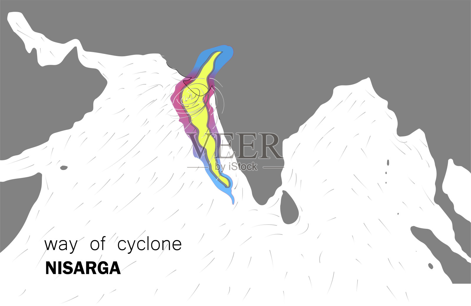 阿拉伯海上空超级气旋尼萨尔加的卫星图像。气旋的路径。矢量插图。插画图片素材