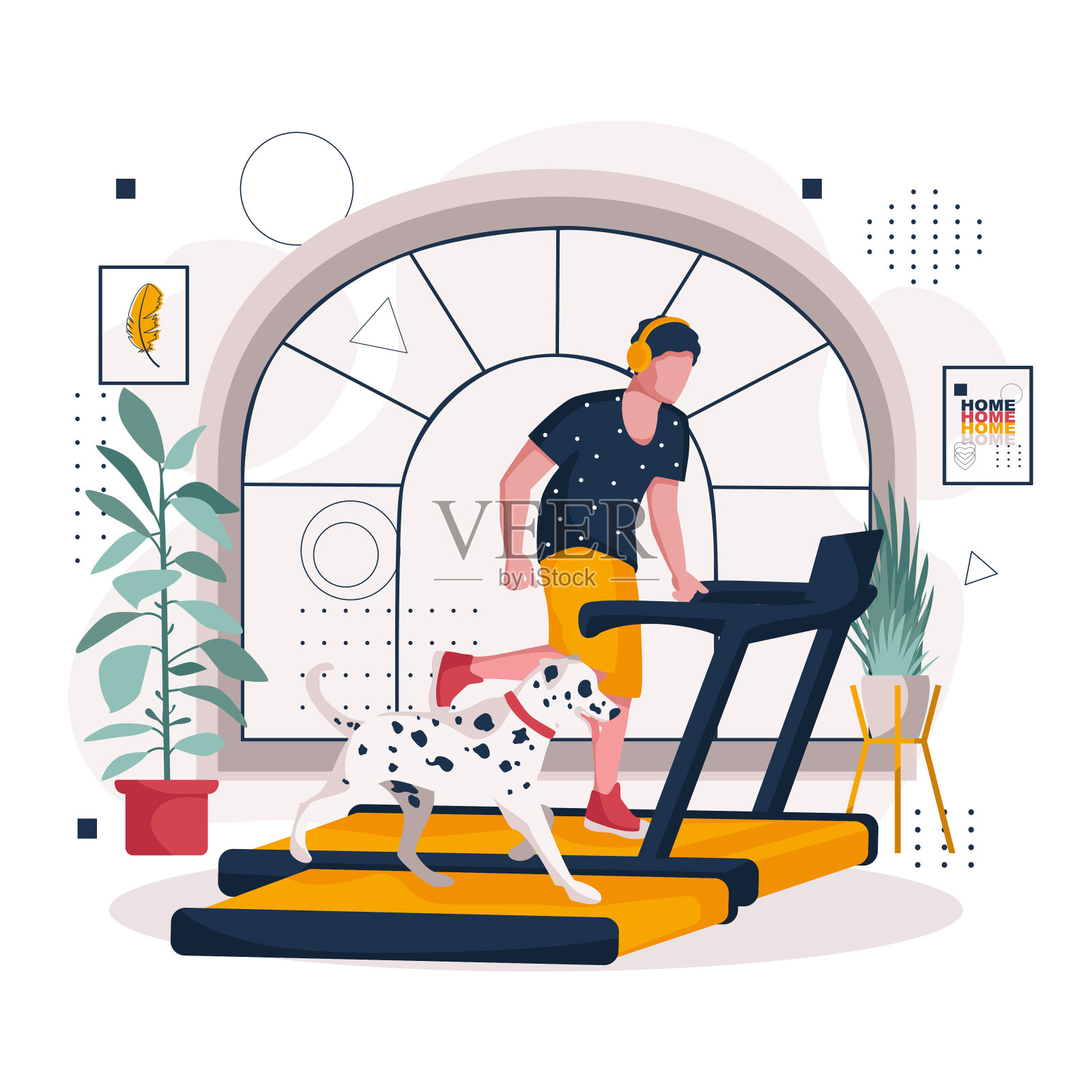 一个年轻人在家里戴着耳机在模拟器上跑步。狗在跑步机上跑步。自制的训练。插画图片素材