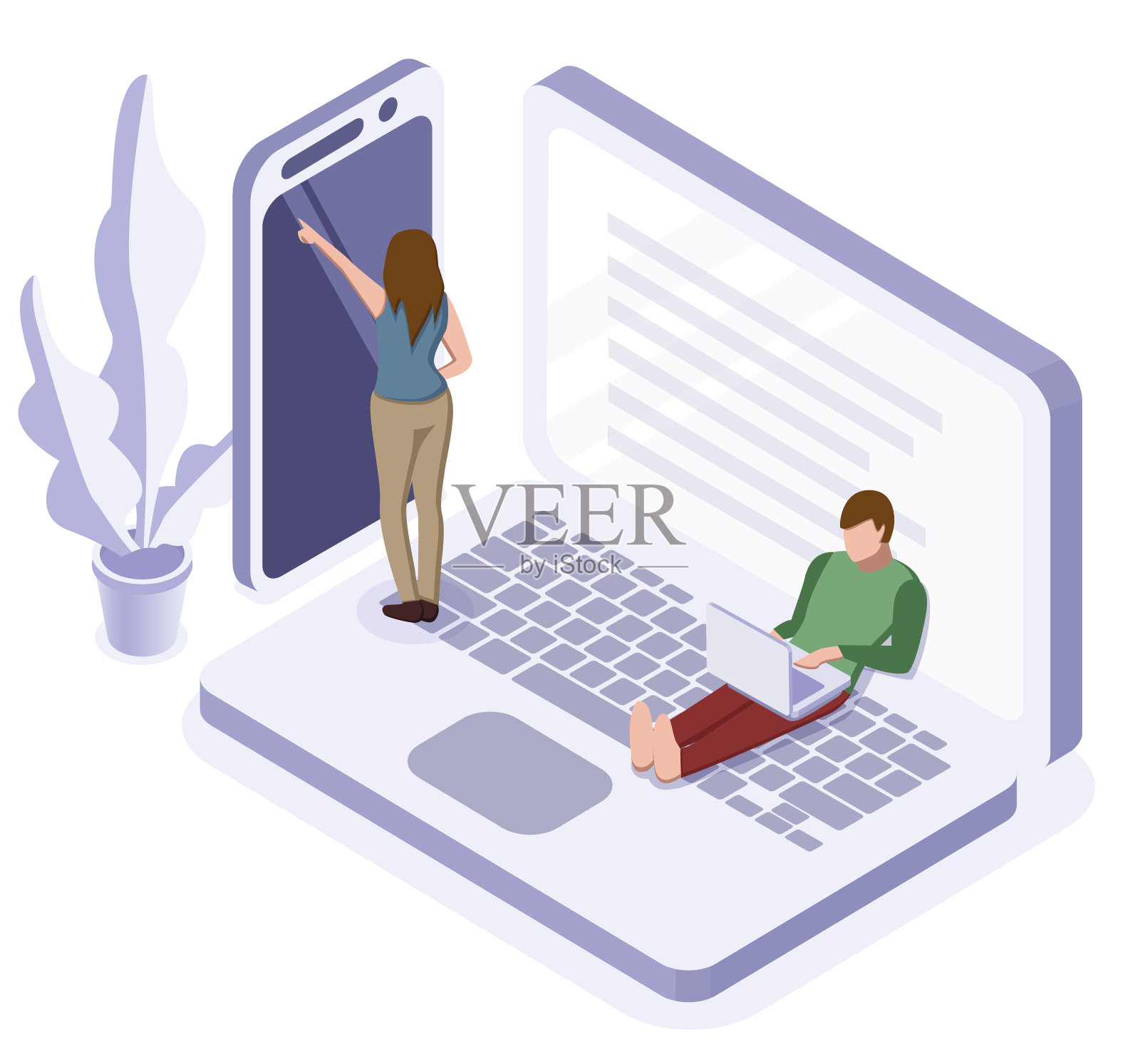 隔离网络时期的概念。男人和女人在家里学习或工作插画图片素材