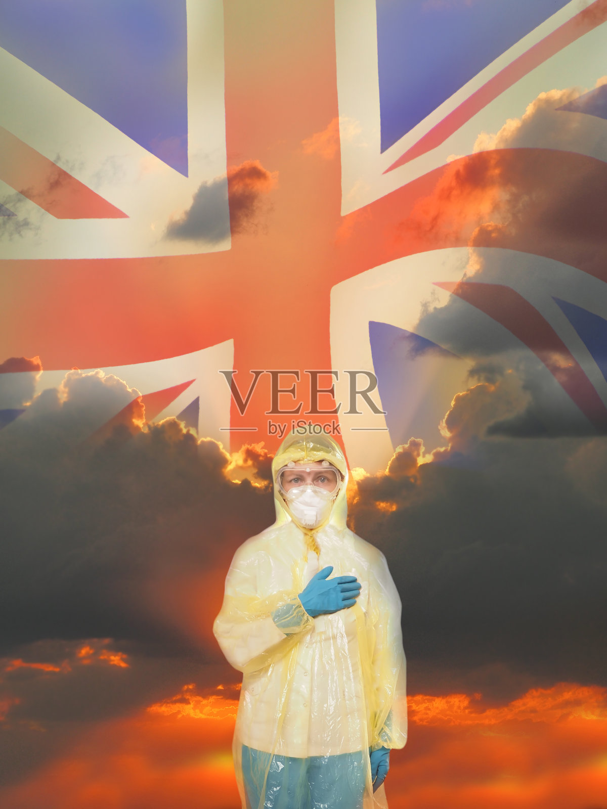 医生身着防护服，佩戴国旗。英国，国定假日的概念。三维演示照片摄影图片