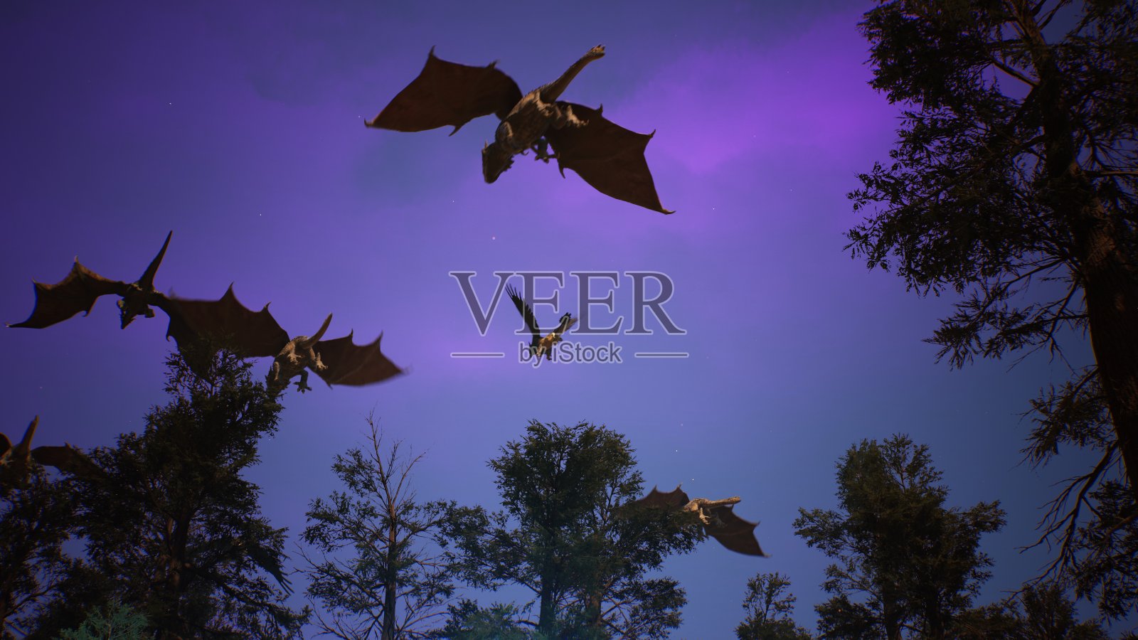 神奇的生物飞过神秘的夜森林。循环的幻想，小说或神话背景。3 d渲染。照片摄影图片