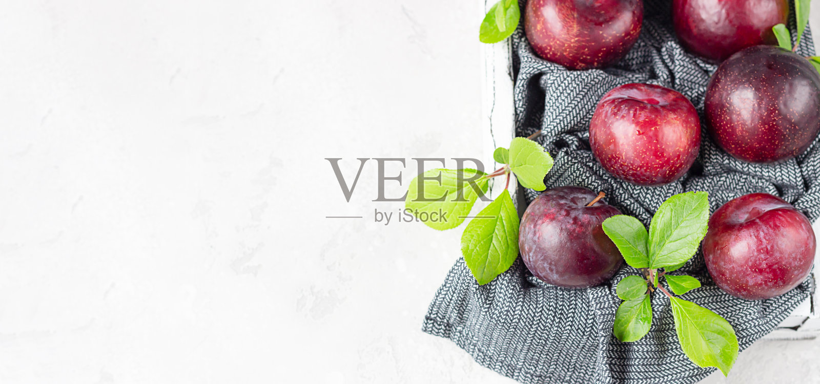 有机紫梅叶，浅灰色石头背景。秋天的收获。照片摄影图片