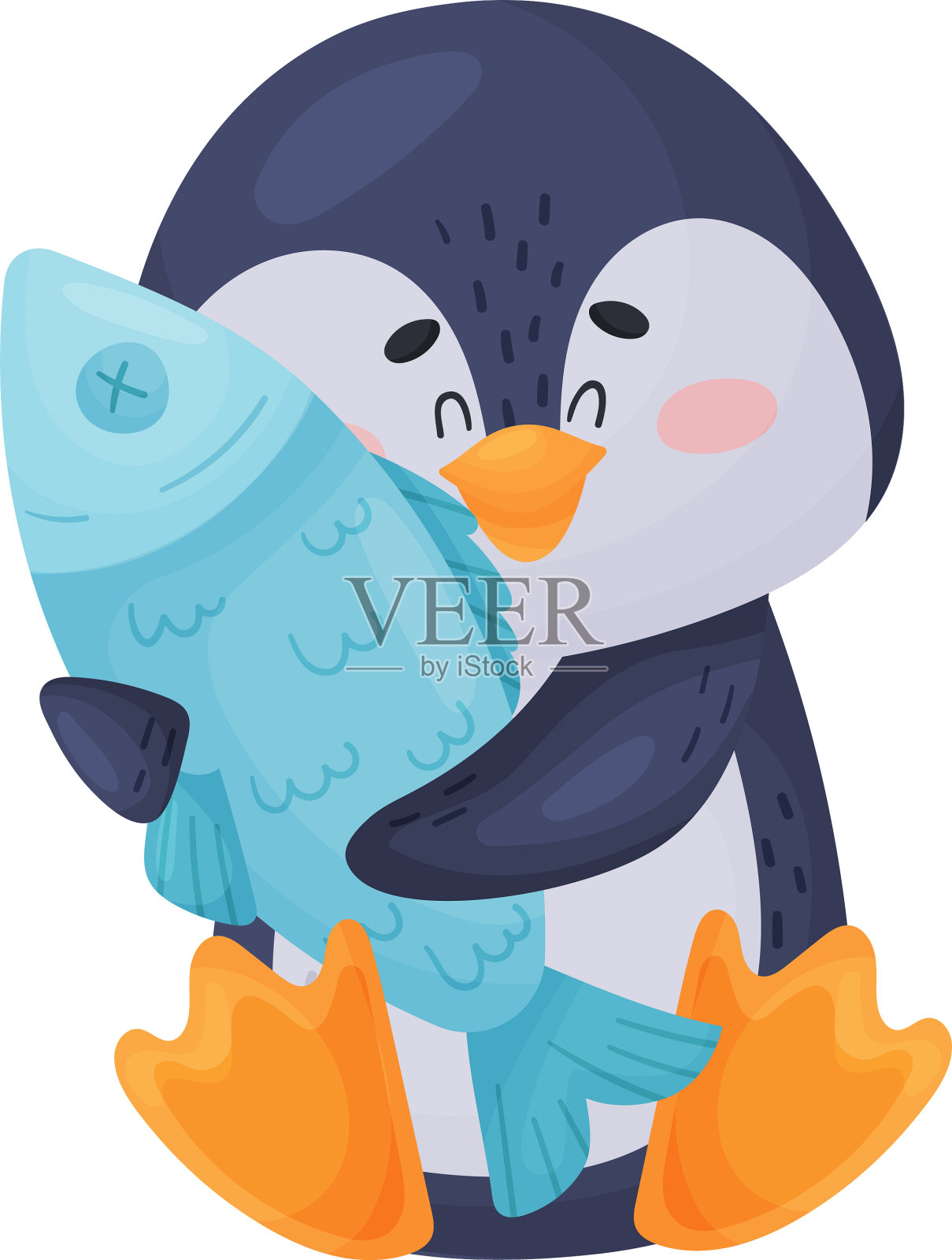 可爱的卡通企鹅拥抱鱼插画图片素材