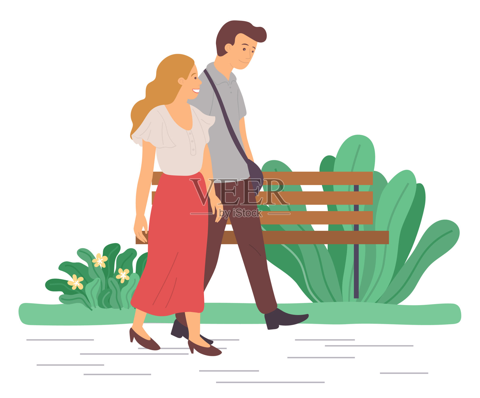 男人和女人一起在公园里散步插画图片素材