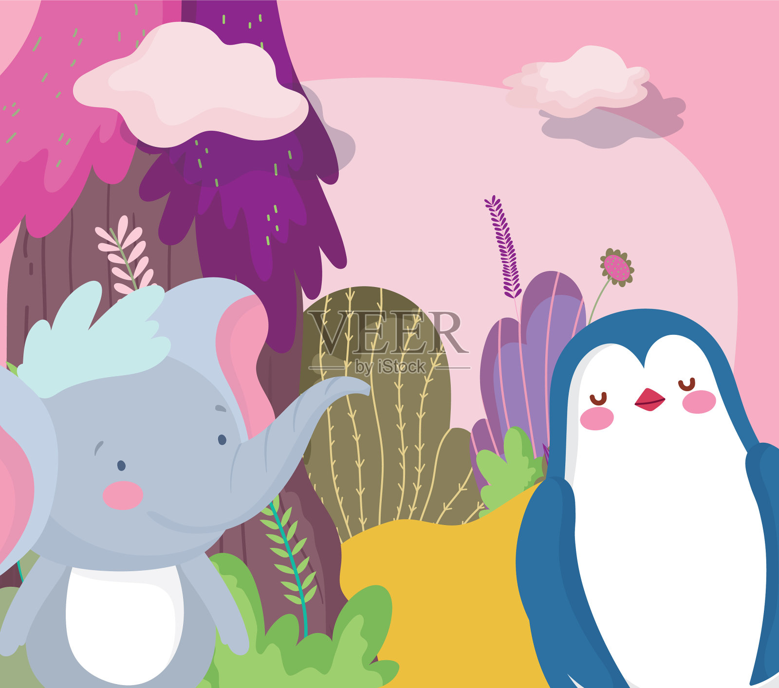 小象和企鹅卡通人物插画图片素材