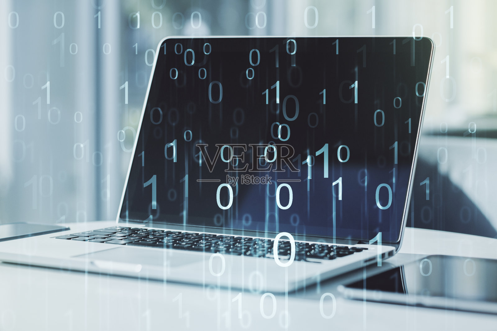 创造性的概念，二进制代码插图在现代笔记本电脑的背景。大数据和编码概念。Multiexposure照片摄影图片