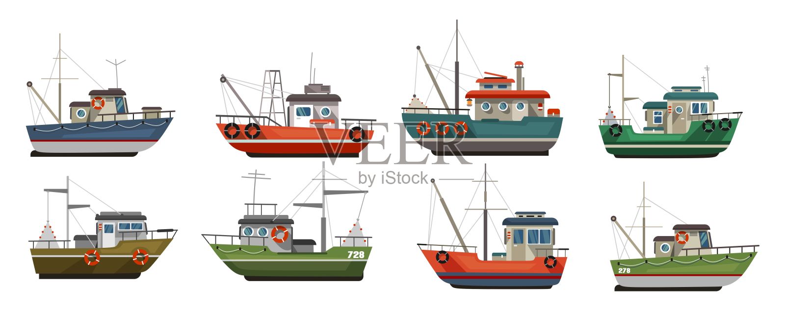 不同类型的海船平装风格插画图片素材