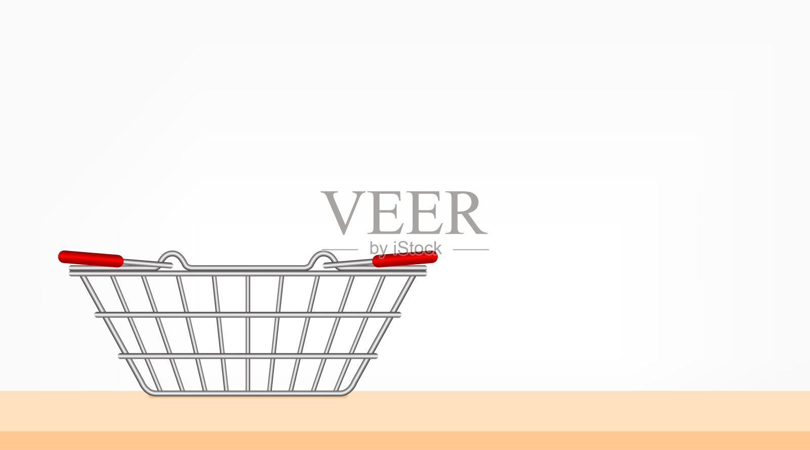 金属篮子空超市，购物篮子银在顶部桌子前面，处理篮子金属侧视图在木地板，篮子市场购物车出售与把手，插图和拷贝空间设计元素图片