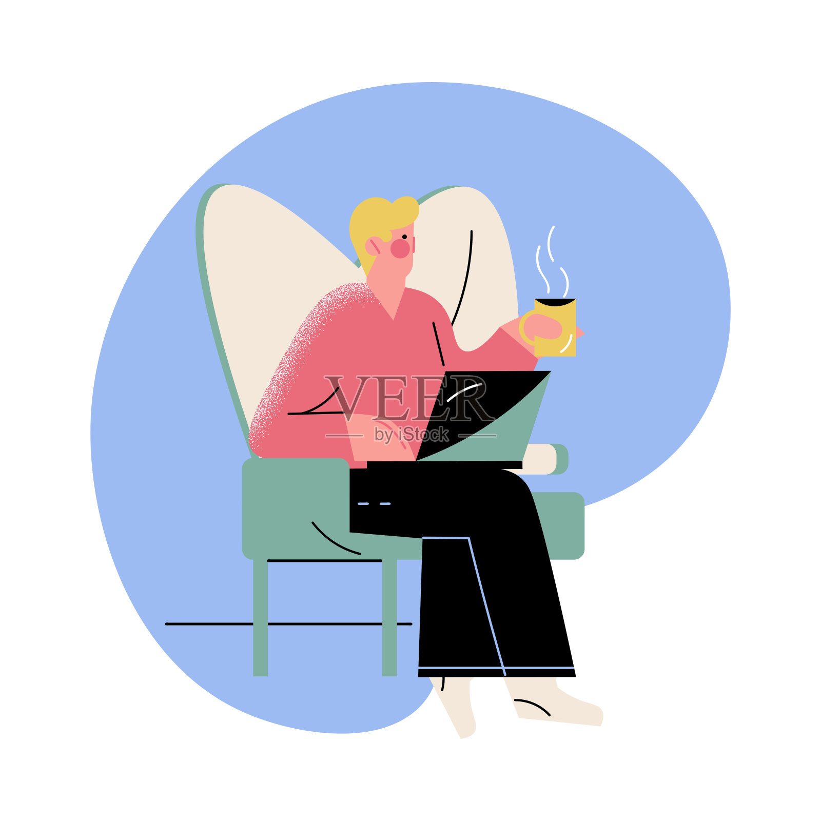 一个男人坐在家里喝着热饮，在笔记本电脑前工作插画图片素材