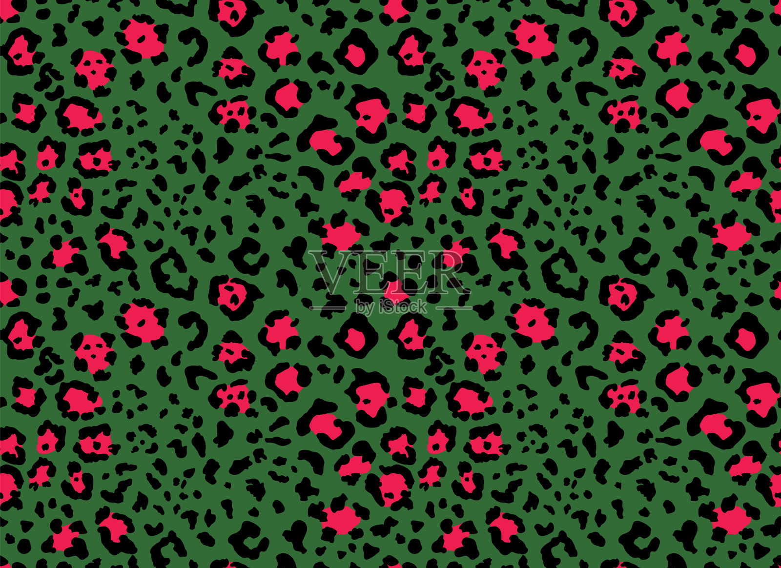无缝豹皮图案。时尚野生豹纹背景。现代豹纹动物织物印花设计。时尚的矢量黑色绿色和红色的插图。绿色的草地和红色的抽象花朵插画图片素材